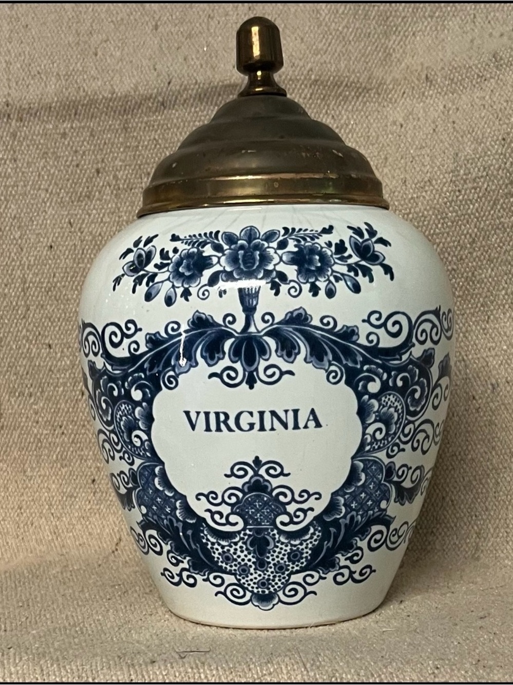 Delft Blue  and White 'Virginia' Decorative Ceramic Tobacco Jar with Brass Lid